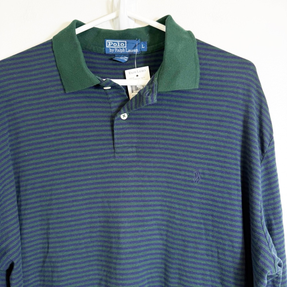 Polo Ralph Lauren Polo Shirt Mens Large Green Blue Striped Long Sleeve NWT